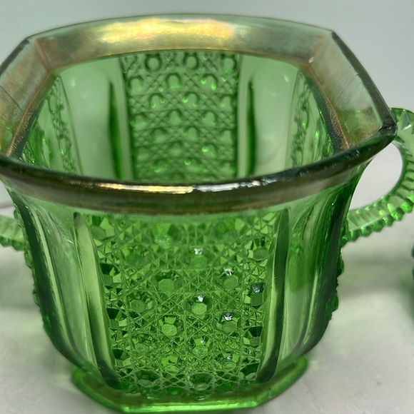 EAPG Green Gold Creamer Sugar, diamond basket weave pressed glass early american - Picture 4 of 16
